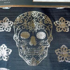 Metallic Silver Skulls on Black Fabric Shower Curtain~ Halloween Decoration NWT